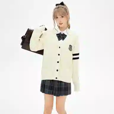 东鲸岁时记 撞色长袖针织开衫百褶格纹短裙制服套装 女款