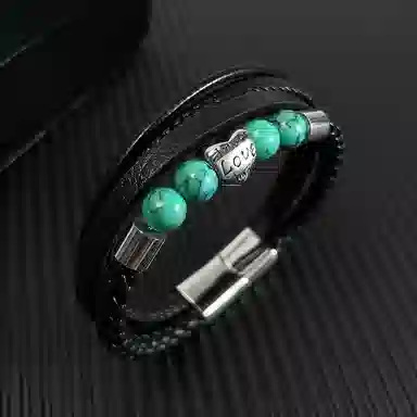 肯默钛钢爱心手链 朋克风手环 多层编织皮 简约磁吸开口 男款