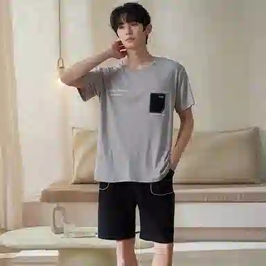 小情歌家居服睡衣 纯棉短袖短裤套装 凉爽套头字母设计口袋简约 睡衣男夏季 男款 灰色