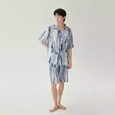 安之伴 夏季男士短袖开衫套装艺术风柔软透气家居服 家居套装 男款 柏林蓝