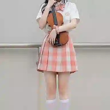 兔半眠 格纹百褶半身短款制服裙装 橙色