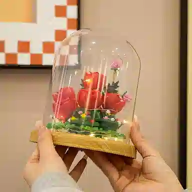 哲高积木 经典系列 玫瑰永生花带防尘罩+灯光 发光 积木 礼物