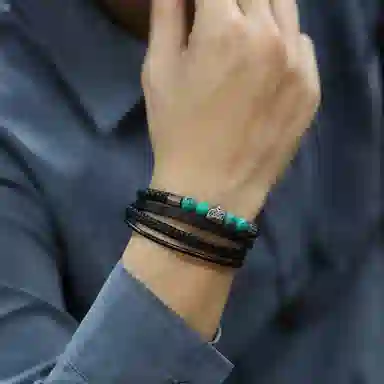 肯默钛钢爱心手链 朋克风手环 多层编织皮 简约磁吸开口 男款