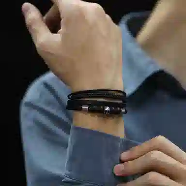 肯默钛钢嘻哈骷髅头手链 朋克风手环 多层编织皮  简约磁吸开口 男款