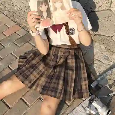 东鲸岁时记 格纹褶皱高腰短款高腰半身裙 女款