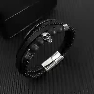 肯默钛钢嘻哈骷髅头手链 朋克风手环 多层编织皮  简约磁吸开口 男款