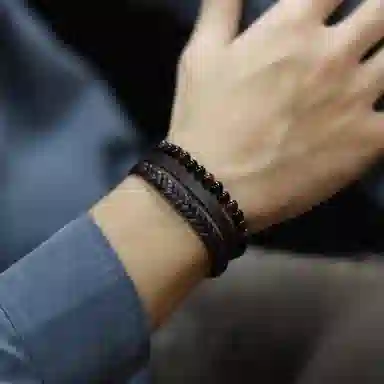 肯默多层皮绳手链 朋克风手环 编织皮  钛钢简约磁吸开口 男款