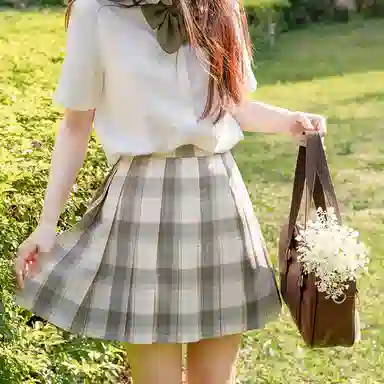 兔半眠 格纹短款百褶制服裙装制服 女款 浅绿色