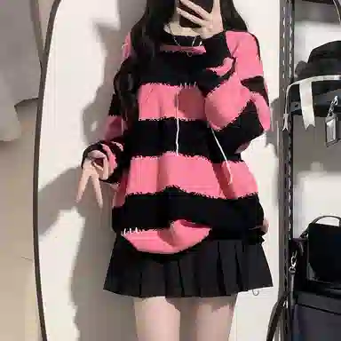 东鲸岁时记 条纹套头宽松撞色针织衫 女款 黑粉色