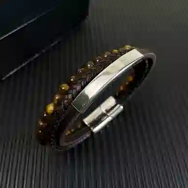 肯默钛钢嘻哈手链  朋克风手环 多层编织皮 简约磁吸开口 男款