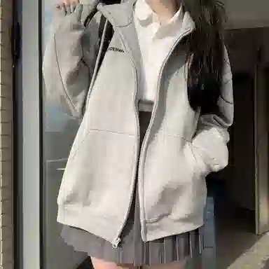 东鲸岁时记 纯色拉链宽松字母刺绣加绒开衫连帽卫衣 女款