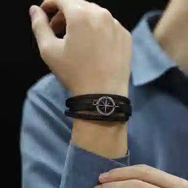 肯默八芒星圆盘钛钢手链 朋克风手环 编织皮手镯 简约磁吸开口 男款