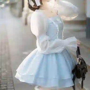 兔半眠 短款蓬蓬高腰长袖连衣裙制服 女款 天蓝色