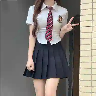 九条喵 徽章收腰修身短袖衬衫徽章领带纯色百褶半身裙制服套装 女款