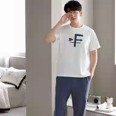 棉基因 纯棉短袖长裤睡衣 圆领家居服套装 春夏季 男款 白色