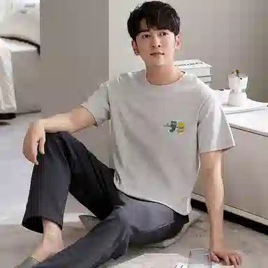 棉基因 纯棉短袖长裤睡衣 圆领家居服套装 春夏季 男款 浅灰