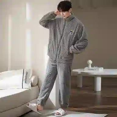 小情歌 珊瑚绒睡衣 冬季 加厚加绒保暖御寒家居服 男款  灰色