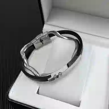 肯默钛钢蛇骨手链 个性街头手环  嘻哈双层 简约磁吸开口 男款 银黑色