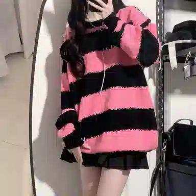 东鲸岁时记 条纹套头宽松撞色针织衫 女款 黑粉色