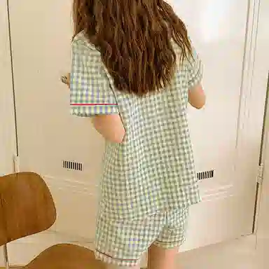 橡柠派 日系格子娃娃领三件套睡衣女夏季薄款短袖开衫可外穿家居服 女款 清新绿 家居套装
