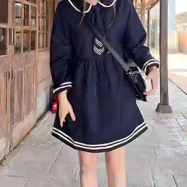 东鲸岁时记 条纹海军领长袖连衣裙 女款 藏青色