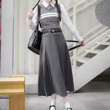 兔半眠 学院风马甲衬衫半身裙制服套装 女装 灰色