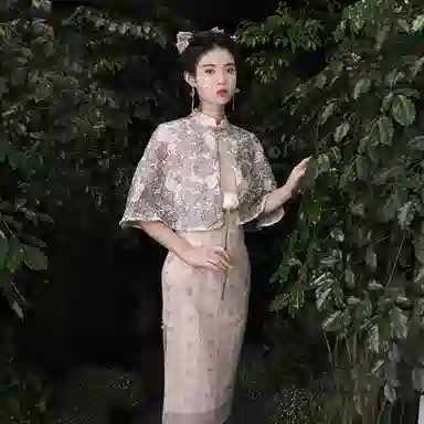 槿爷东方 燕脂 中式花卉刺绣网纱短袖旗袍 女款 烟粉色