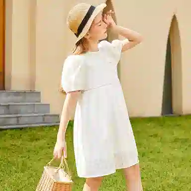 英氏 童装 泡泡袖暗纹绣花短袖连衣裙 女童 白色