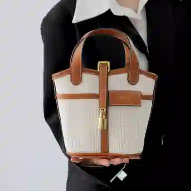 莫西里里 拼色拉链开合 帆布 水桶包菜篮子包手提单肩斜挎包 小号 女款 金棕色