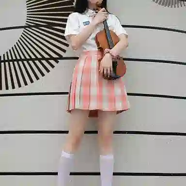 兔半眠 格纹百褶半身短款制服裙装 橙色