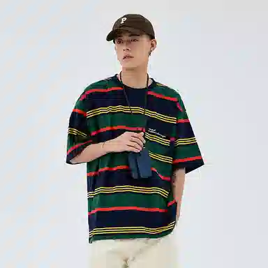 BENMYSHOWER Rainbow Stripe T-Shirt Navy