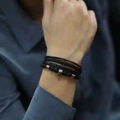 肯默钛钢嘻哈骷髅头手链 朋克风手环 多层编织皮  简约磁吸开口 男款