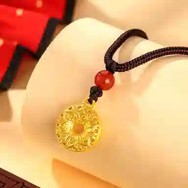 老庙 古法平安扣花丝八宝罗盘 足金 按克计价 黄金吊坠 女款 黑色