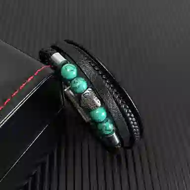 肯默钛钢爱心手链 朋克风手环 多层编织皮 简约磁吸开口 男款