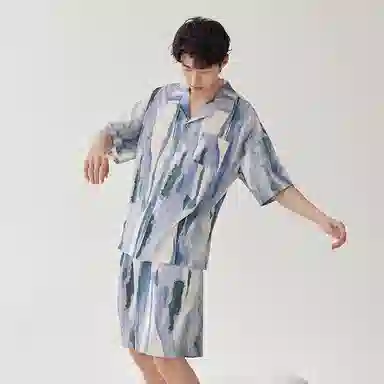 安之伴 夏季男士短袖开衫套装艺术风柔软透气家居服 家居套装 男款 柏林蓝