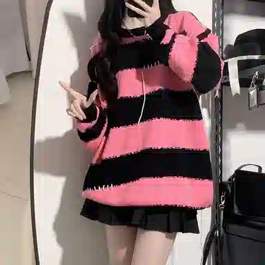 东鲸岁时记 条纹套头宽松撞色针织衫 女款 黑粉色