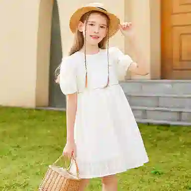 英氏 童装 泡泡袖暗纹绣花短袖连衣裙 女童 白色