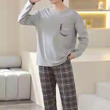 棉基因 纯棉春季长袖长裤睡衣男家居服套装 简约圆领睡衣 男款灰色