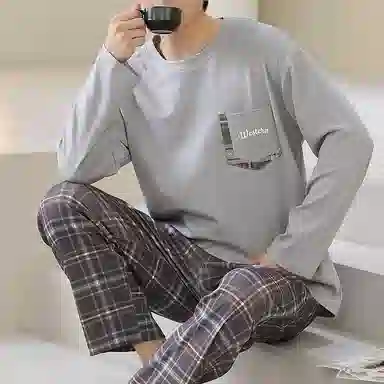 棉基因 纯棉春季长袖长裤睡衣男家居服套装 简约圆领睡衣 男款灰色