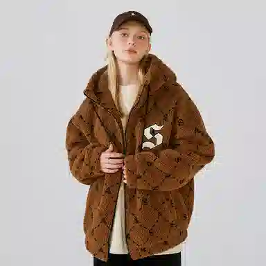 SWAMP AREA Letter Applique Sherpa Hoodie Jacket