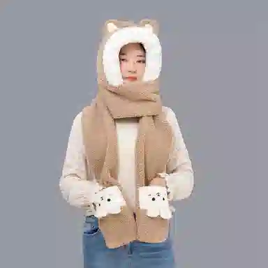 肯默 可爱兔子秋冬毛绒保暖拼色连帽三合一设计 绒线围巾 女款