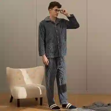 芬腾 睡衣珊瑚绒秋冬季法兰绒加厚长袖可外穿休闲大码家居服套装 男士 灰兰