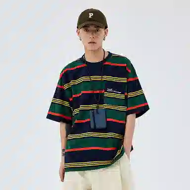 BENMYSHOWER Rainbow Stripe T-Shirt Navy