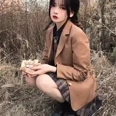 东鲸岁时记 纯色单排扣长袖外套格纹短款半身裙制服套装 女款