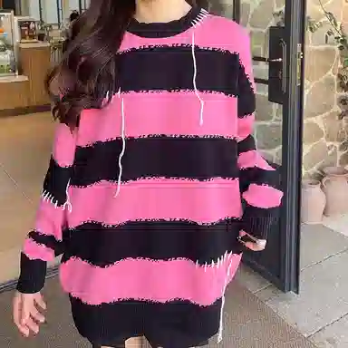 东鲸岁时记 条纹套头宽松撞色针织衫 女款 黑粉色