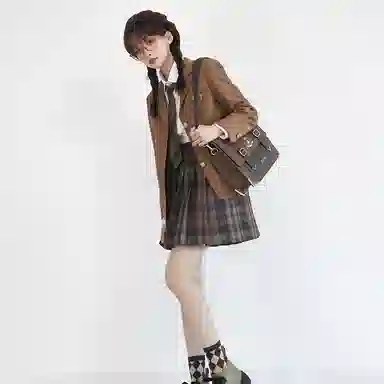 东鲸岁时记 纯色单排扣长袖外套格纹短款半身裙制服套装 女款