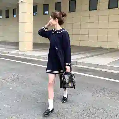 东鲸岁时记 条纹海军领长袖连衣裙 女款 藏青色