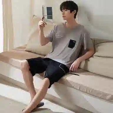 小情歌家居服睡衣 纯棉短袖短裤套装 凉爽套头字母设计口袋简约 睡衣男夏季 男款 灰色