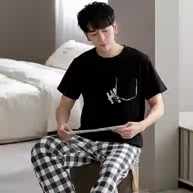 棉基因 纯棉短袖长裤睡衣 圆领家居服套装 春夏季 男款黑色