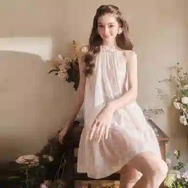 Three Quarters Floral Halter A-Line Dress Pink